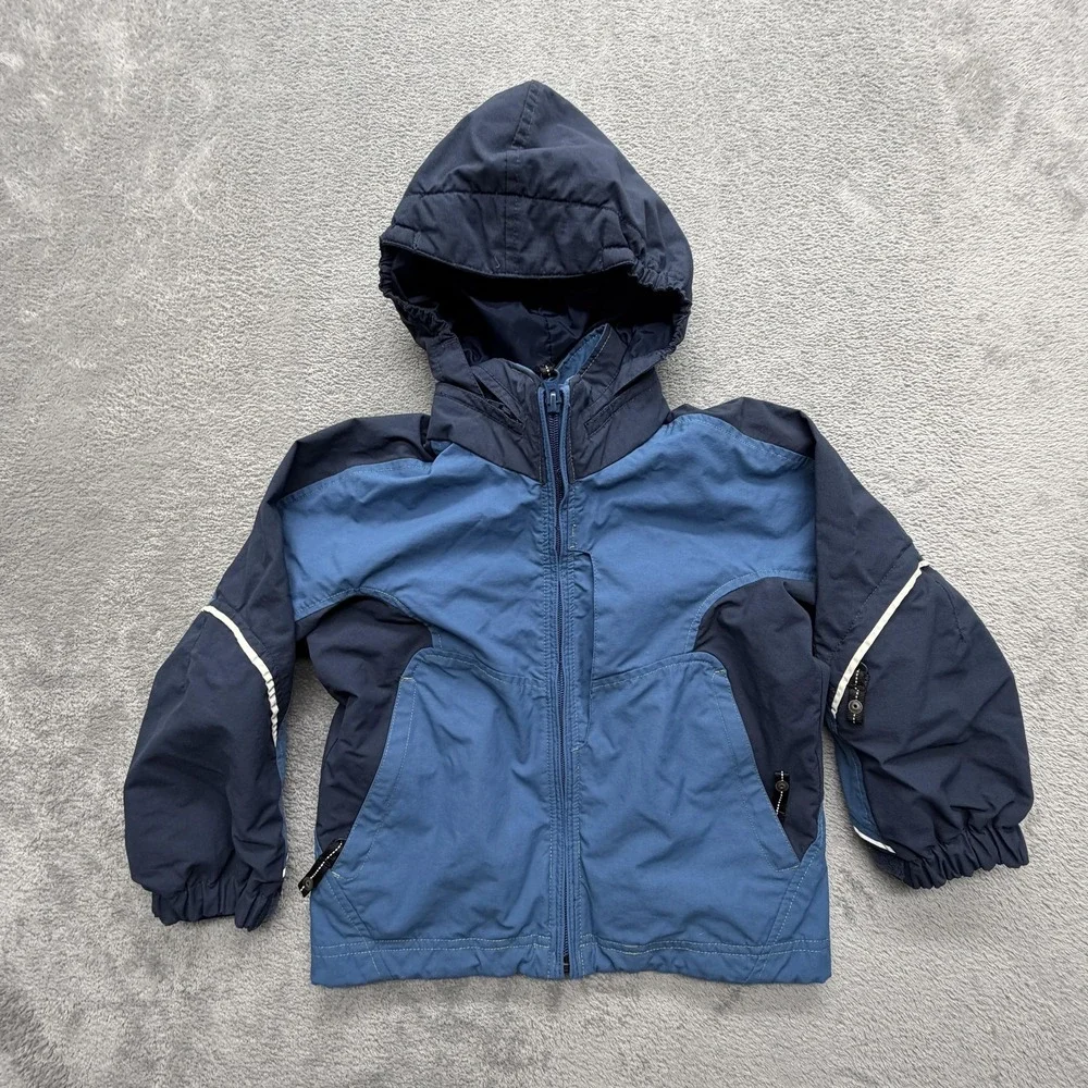 REI Jacket Boys XS 4/5 Blue Hooded Rain Coat Zip 100% Nylon Colorblock‎
